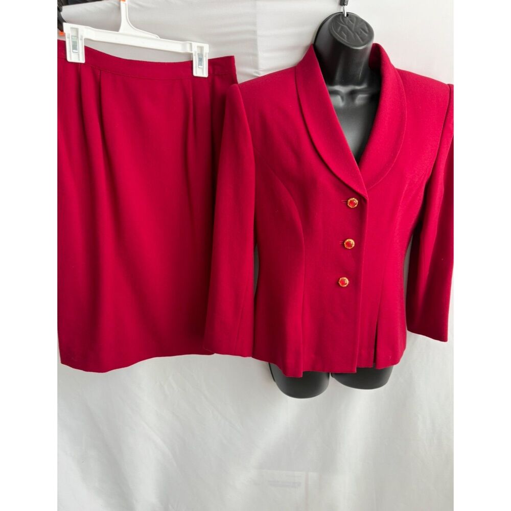 Vintager Kasper ASL Red Skirt Suit Size 8P 100% Wool Classy Career Office Blazer